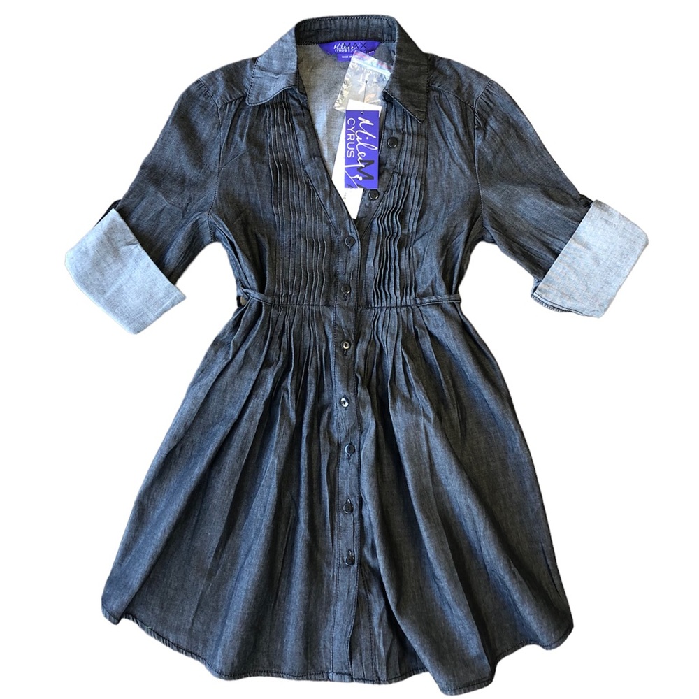 Miley Cyrus & Max Azria Girls Black Denim Pleated Button Up Dress, XS